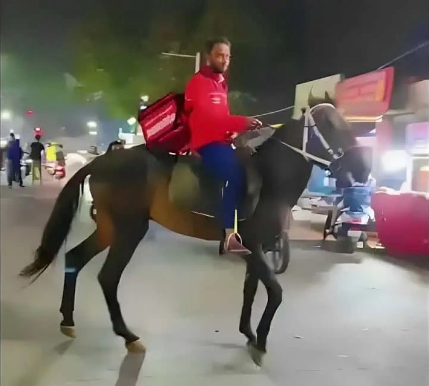 ହାଇଦ୍ରାବାଦ ଜୋମାଟୋ ଡେଲିଭରି ଏଜେଣ୍ଟ ଇନ୍ଧନ ଅଭାବ ସମୟରେ  ଘୋଡ଼ାରେ ବସି ଖାଦ୍ଯ଼ ପହଞ୍ଚାଉଛନ୍ତି